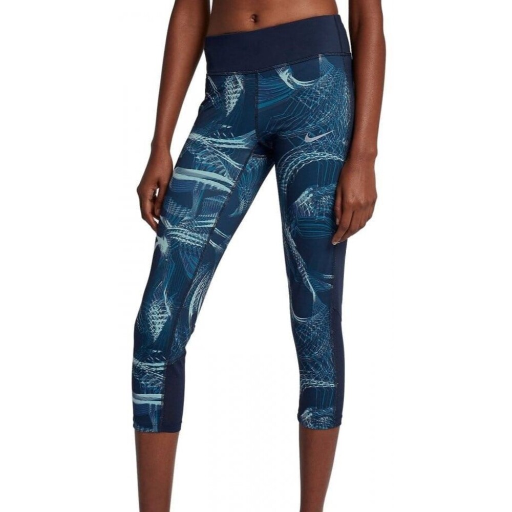 Nike Dri Fit women's leggings size L navy power crop printed pockets activewear